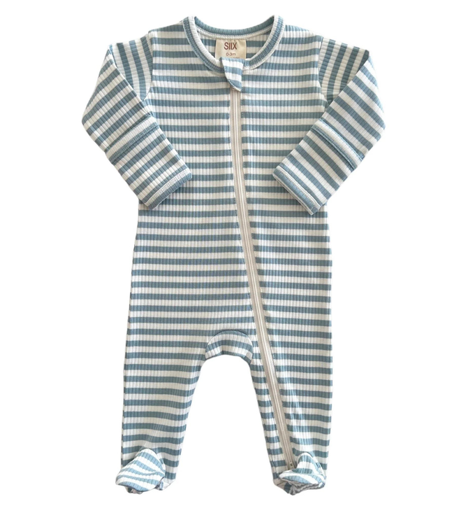 Dusty Blue Stripe Organic Ribbed Zip Footie
