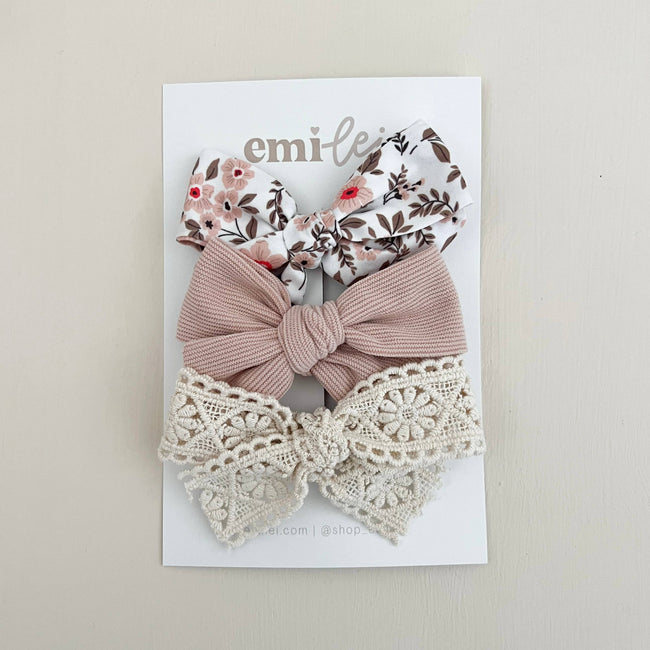 Alligator Clip Bow Set Floral + Mauve + Embroidery