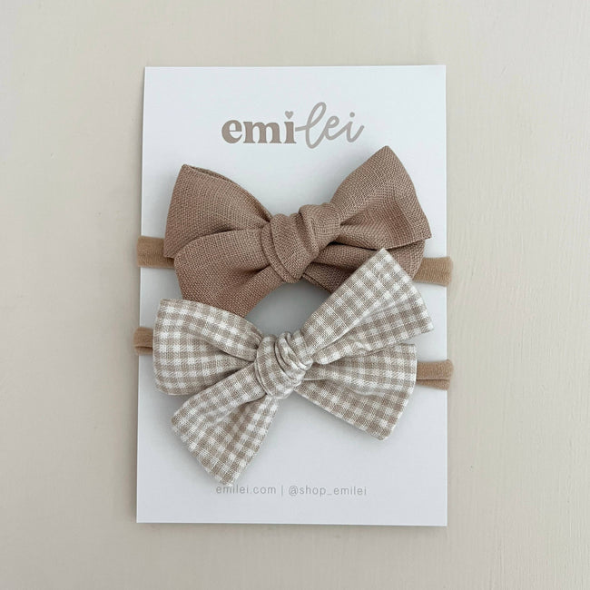 Nylon Stretchy Bow Headband Set - Taupe Linen + Check