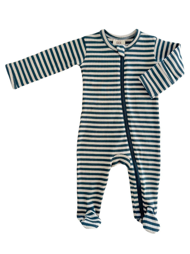 Steel Blue Stripe Organic Ribbed Zip Footie