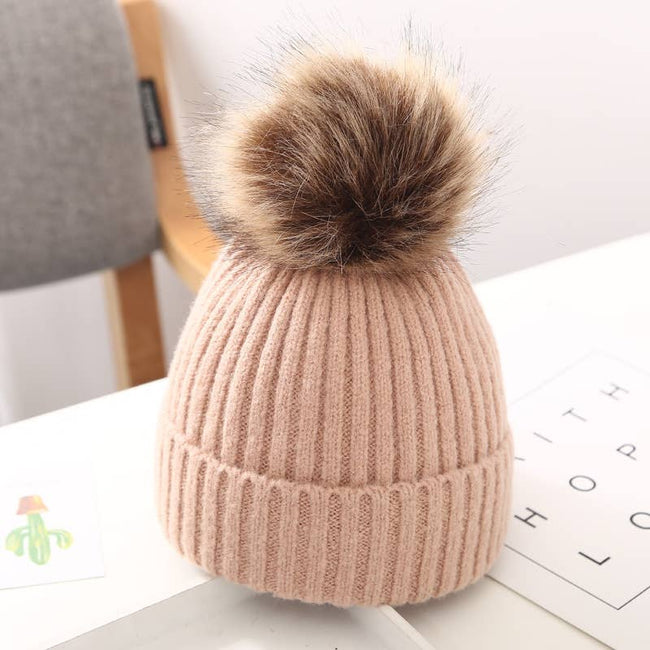 Baby/ Toddler Beanie with Fur Pom Pom- Light Pink