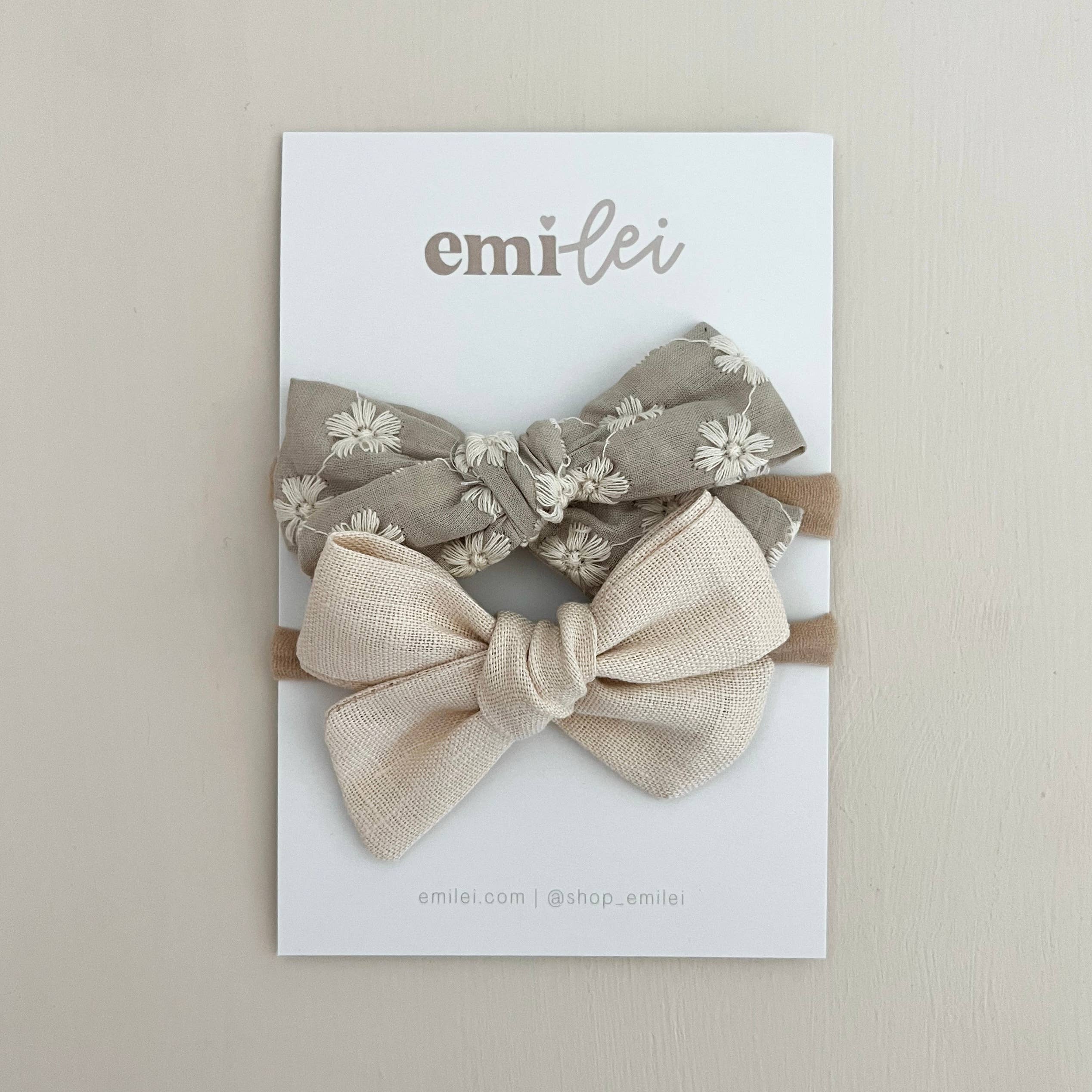 Nylon Stretchy Bow Headband Set - Embroi Sage Floral + Ivory