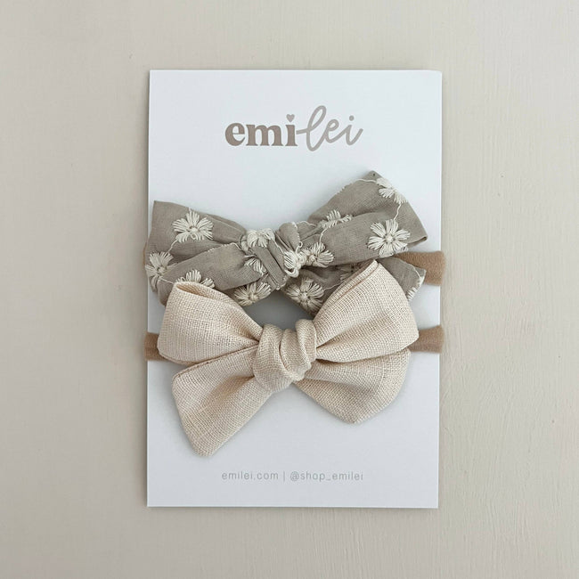 Nylon Stretchy Bow Headband Set - Embroi Sage Floral + Ivory