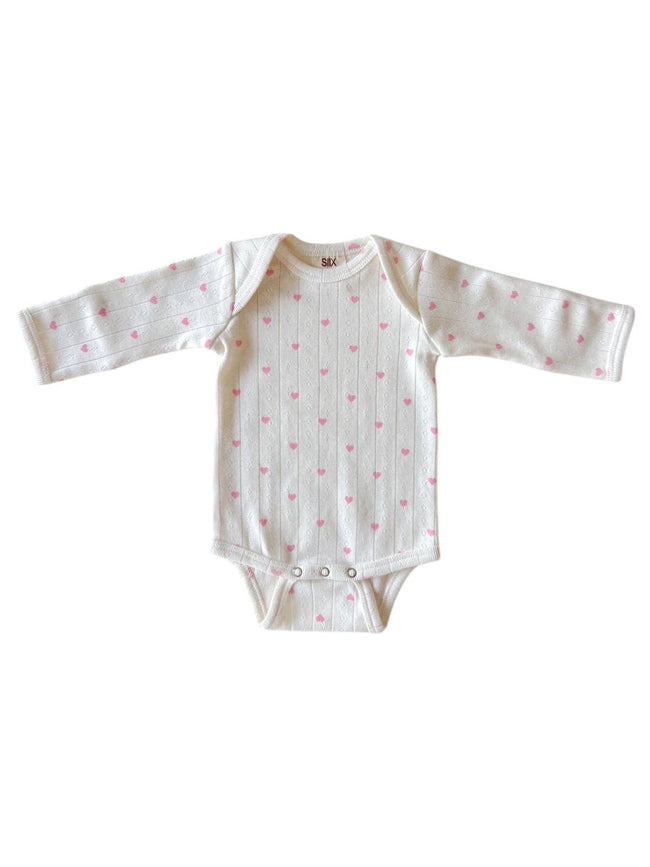 White Pink Hearts Organic Pointelle Long Sleeve Bodysuit