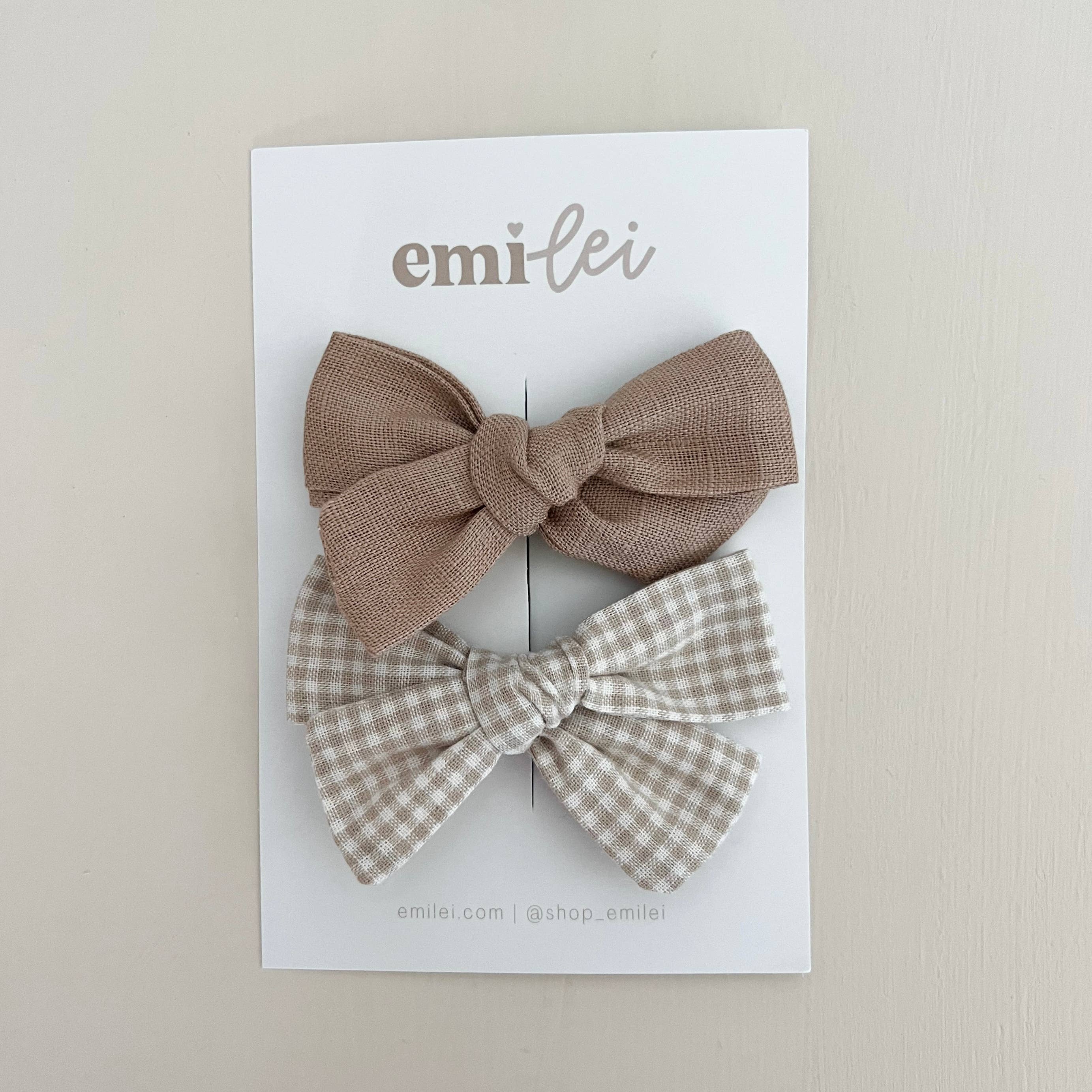 Alligator Clip Bow Set - Taupe Linen + Mini Check