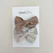 Alligator Clip Bow Set - Taupe Linen + Mini Check
