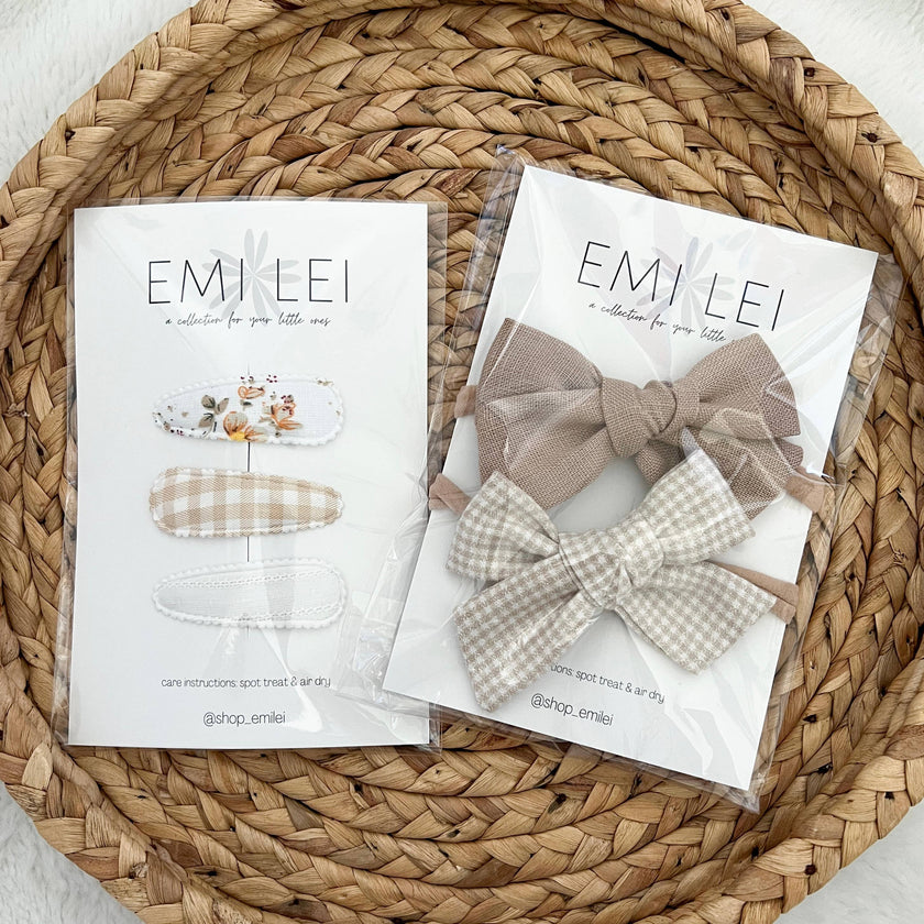 Alligator Clip Bow Set - Taupe Linen + Mini Check