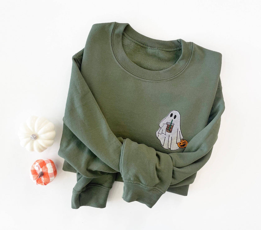 Embroidered Halloween Coffee Lovin' Ghost Sweatshirt