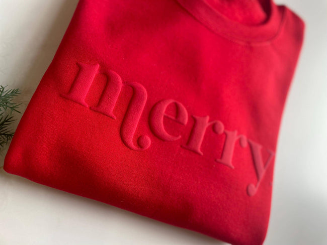 Retro Embossed Merry Sweatshirt - Womens Holiday Sweatshirt