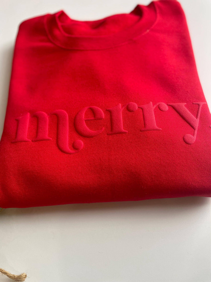 Retro Embossed Merry Sweatshirt - Womens Holiday Sweatshirt