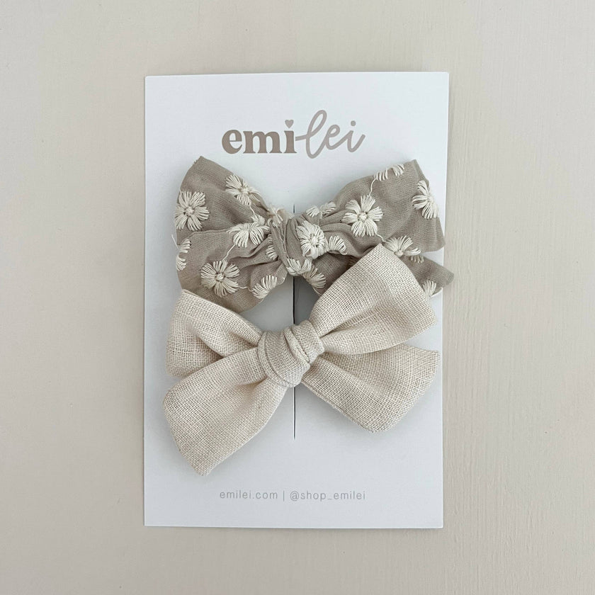 Alligator Clip Bow Set - Embroidered Sage Floral