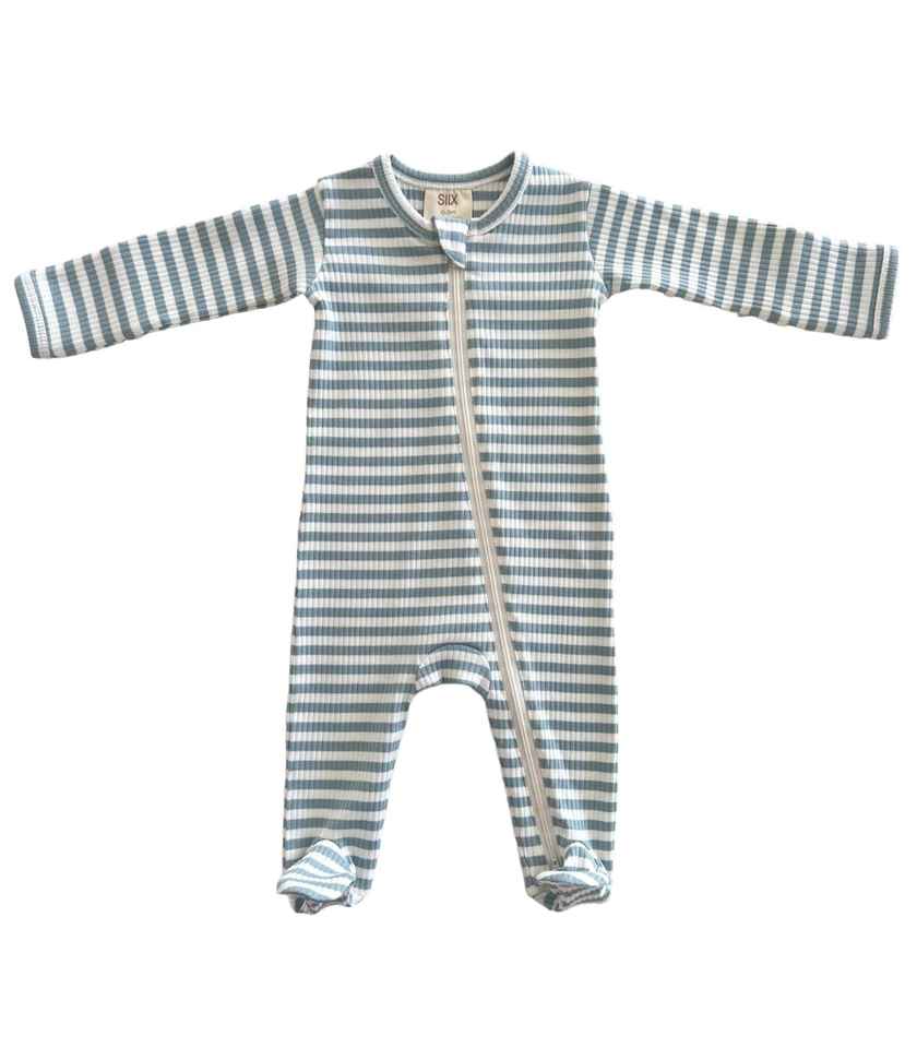 Dusty Blue Stripe Organic Ribbed Zip Footie