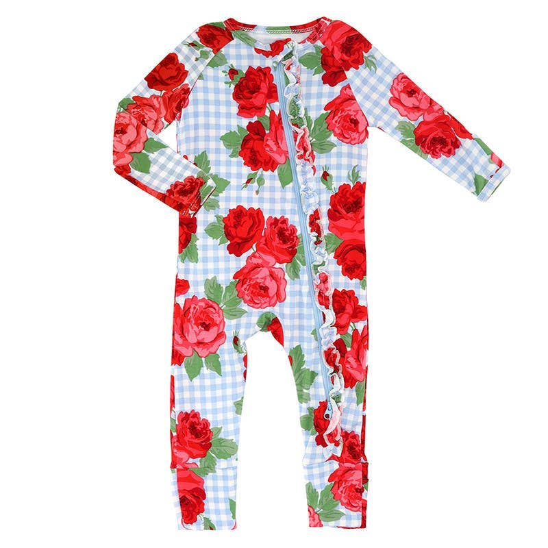 Blue Gingham + Red Rose Jammie Romper