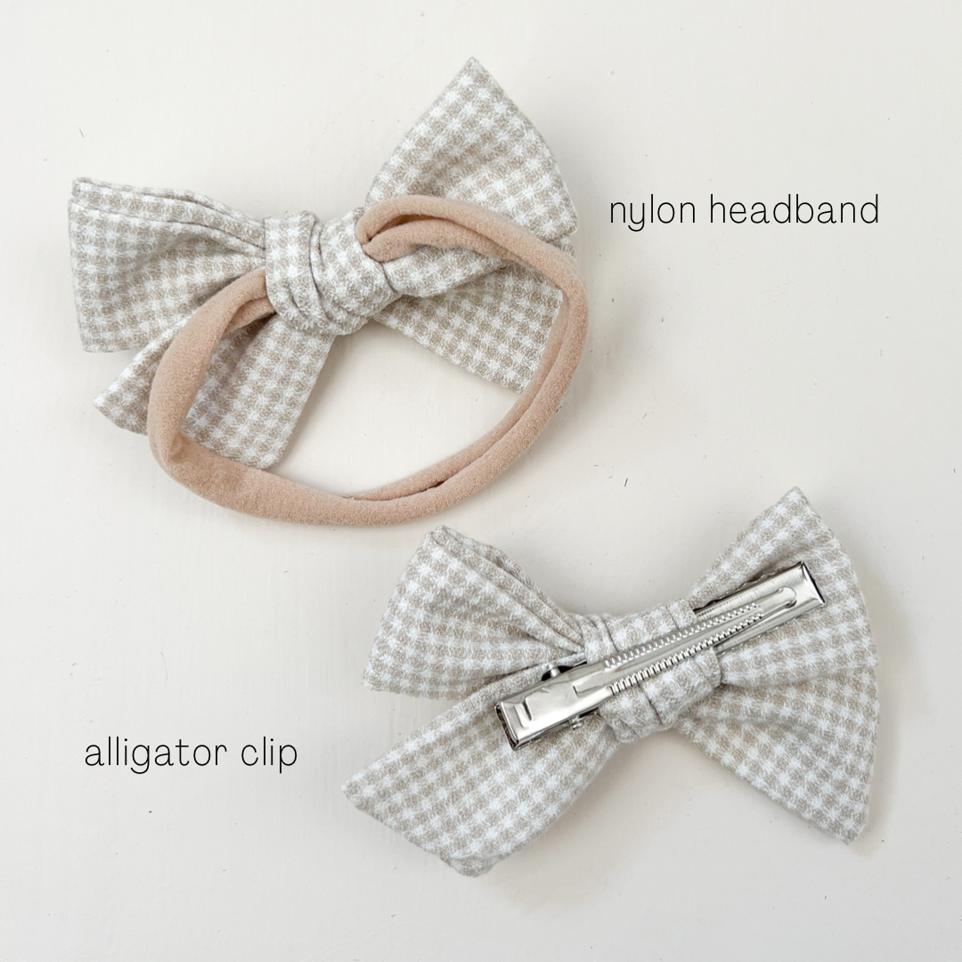 Alligator Clip Bow Set - Taupe Linen + Mini Check