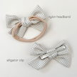 Alligator Clip Bow Set - Taupe Linen + Mini Check