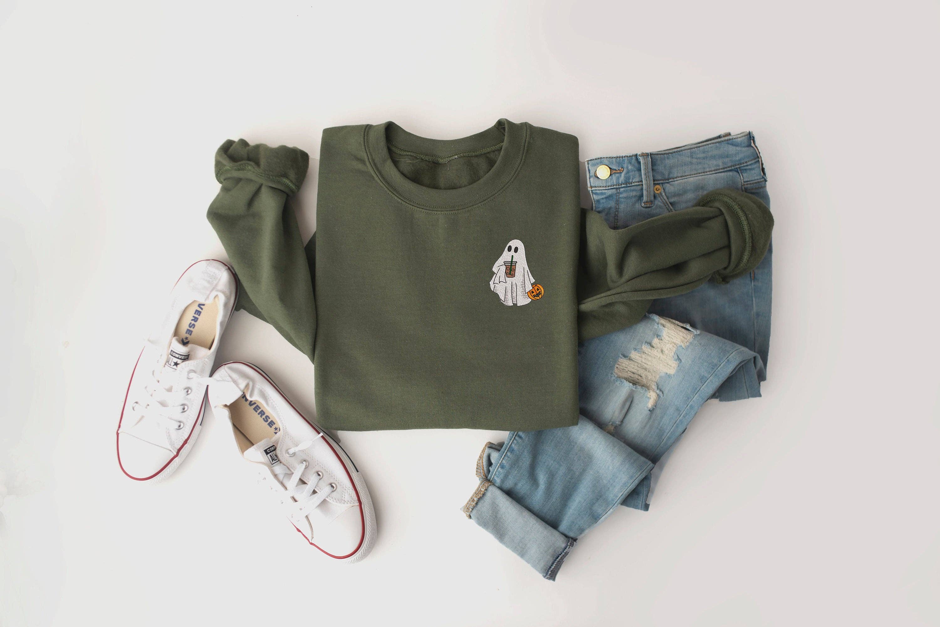 Embroidered Halloween Coffee Lovin' Ghost Sweatshirt