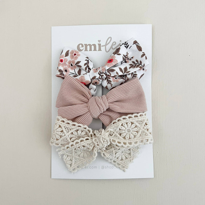 Alligator Clip Bow Set Floral + Mauve + Embroidery