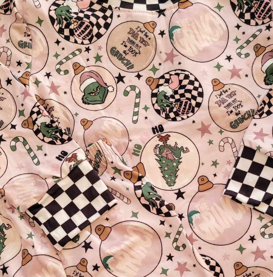 Kids Christmas 2 Pc Pajamas - Pink Grinch Ornament Balls