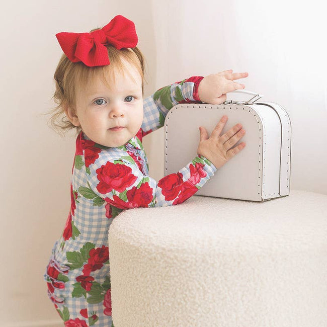 Blue Gingham + Red Rose Jammie Romper