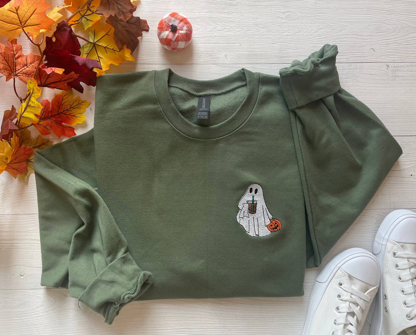 Embroidered Halloween Coffee Lovin' Ghost Sweatshirt