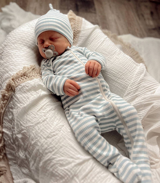 Dusty Blue Stripe Organic Ribbed Zip Footie