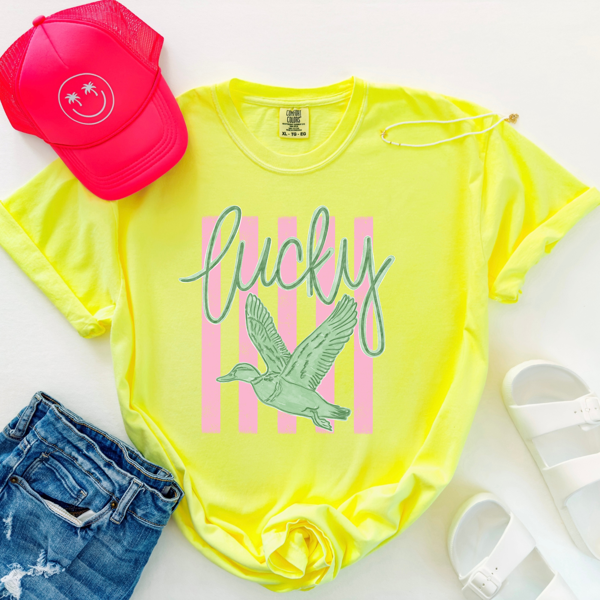Lucky Duck Neon Stripe Comfort Colors Tee