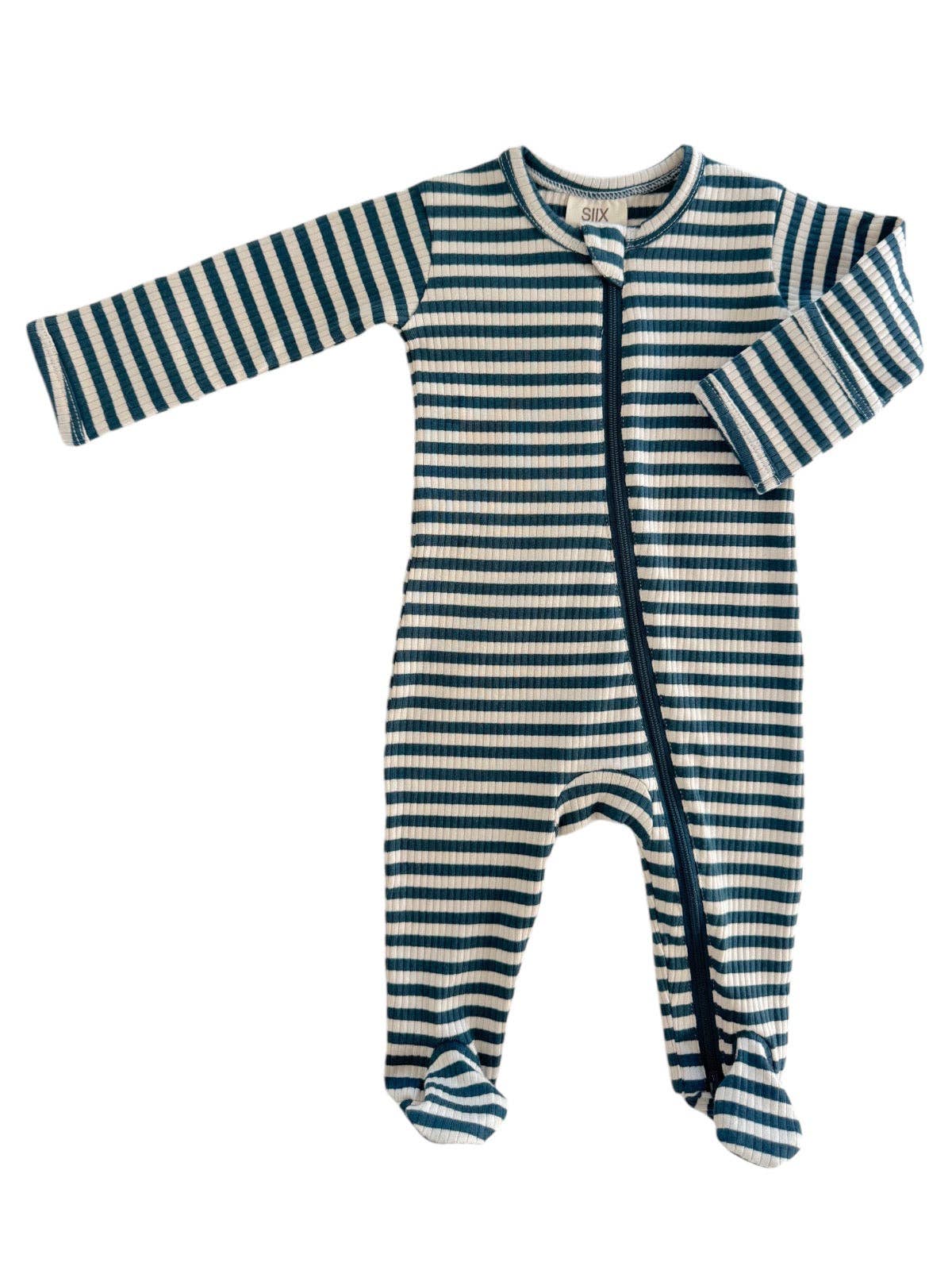 Steel Blue Stripe Organic Ribbed Zip Footie