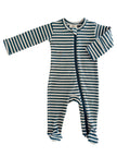 Steel Blue Stripe Organic Ribbed Zip Footie