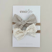 Nylon Stretchy Bow Headband Set - Taupe Check + Lace