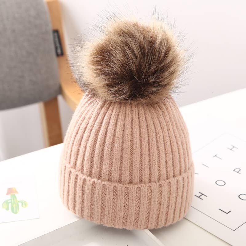 Baby/ Toddler Beanie with Fur Pom Pom- Light Pink