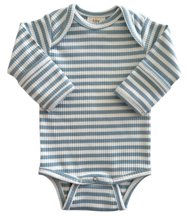 Dusty Blue Stripe Organic Ribbed Long Sleeve Bodysuit
