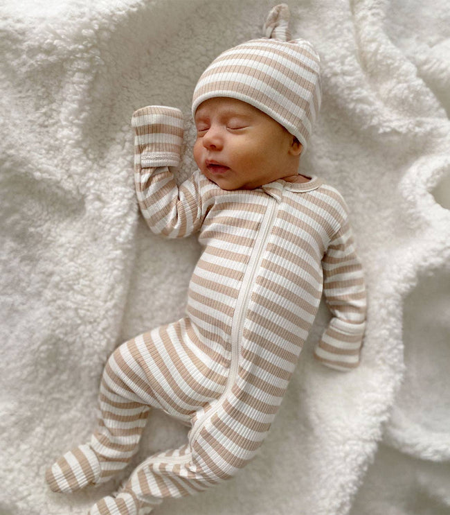 Tan Stripe Organic Ribbed Zip Footie