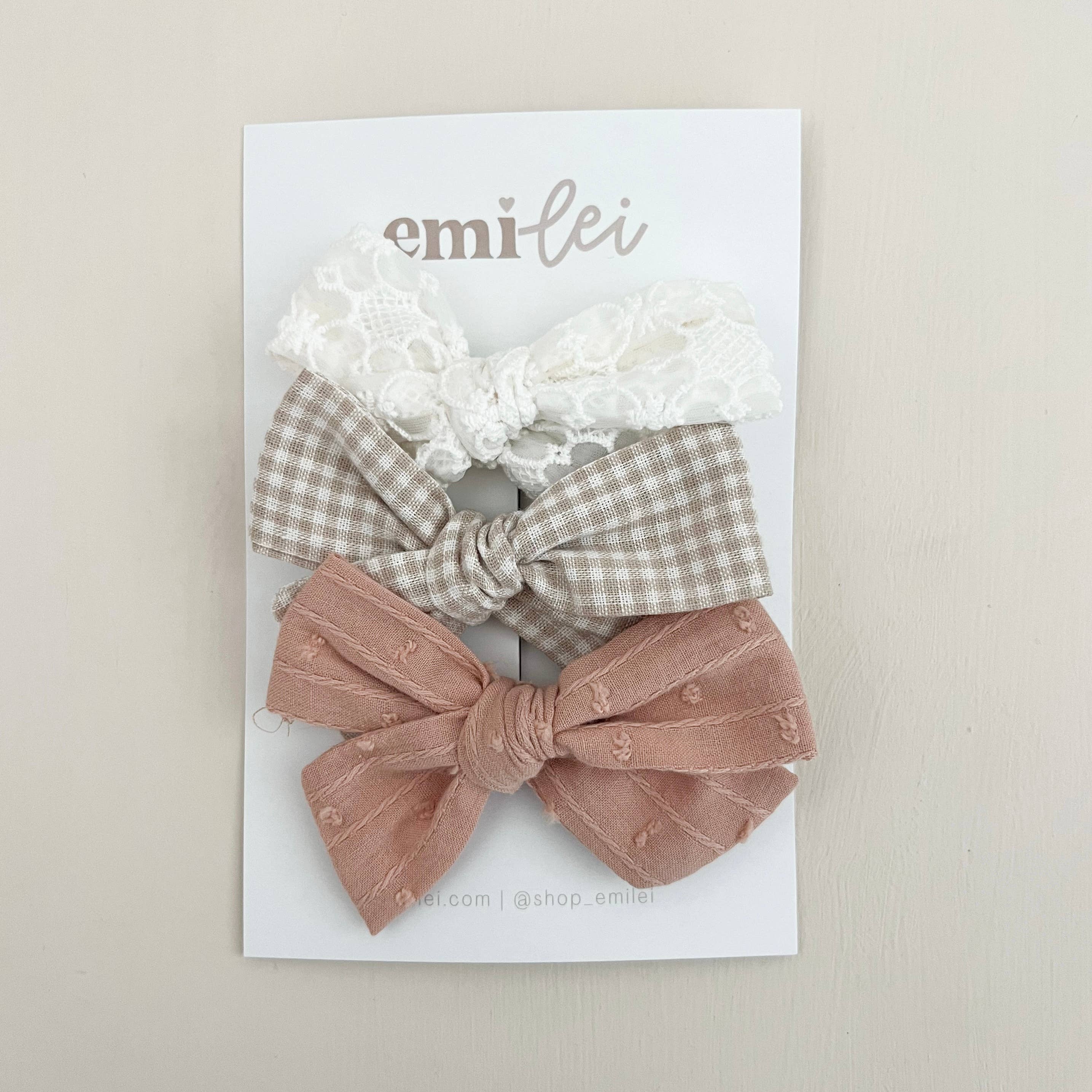 Alligator Clip Bow Set Lace + Check + Mauve