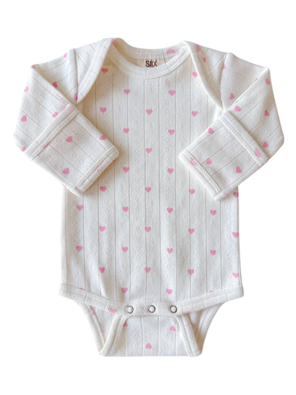 White Pink Hearts Organic Pointelle Long Sleeve Bodysuit