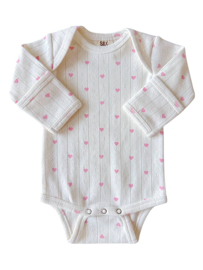 White Pink Hearts Organic Pointelle Long Sleeve Bodysuit