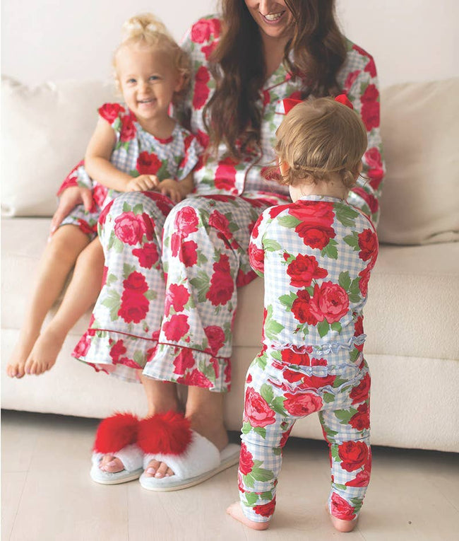 Blue Gingham + Red Rose Jammie Romper