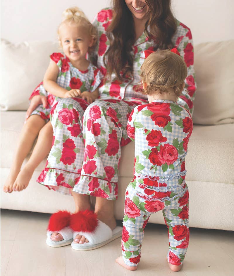 Blue Gingham + Red Rose Jammie Romper