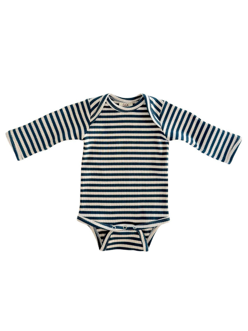 Steel Blue Stripe Organic Ribbed Long Sleeve Bodysuit