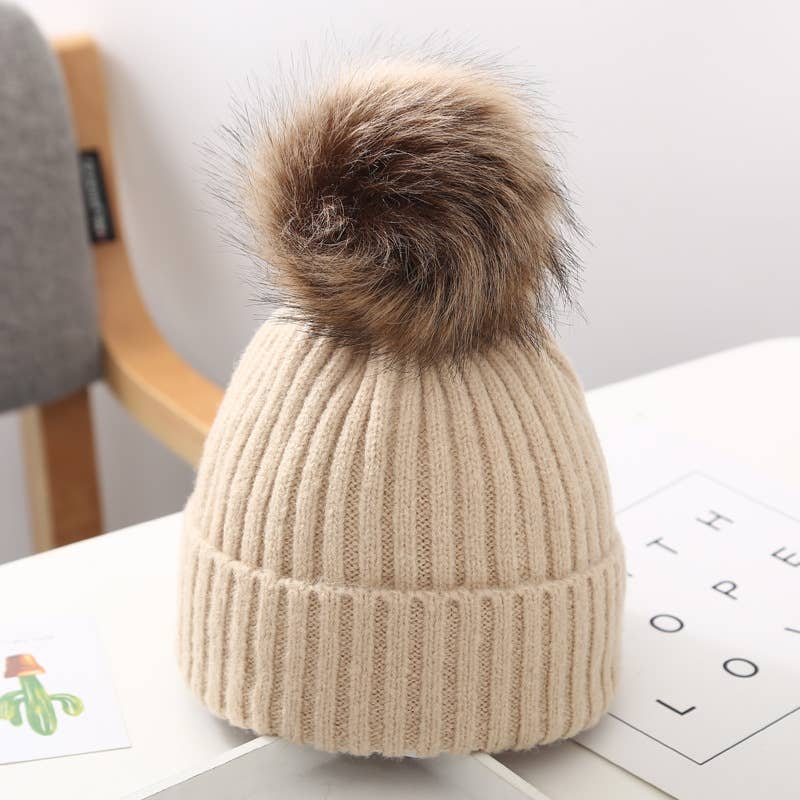 Baby/ Toddler Beanie with Fur Pom Pom- Cream