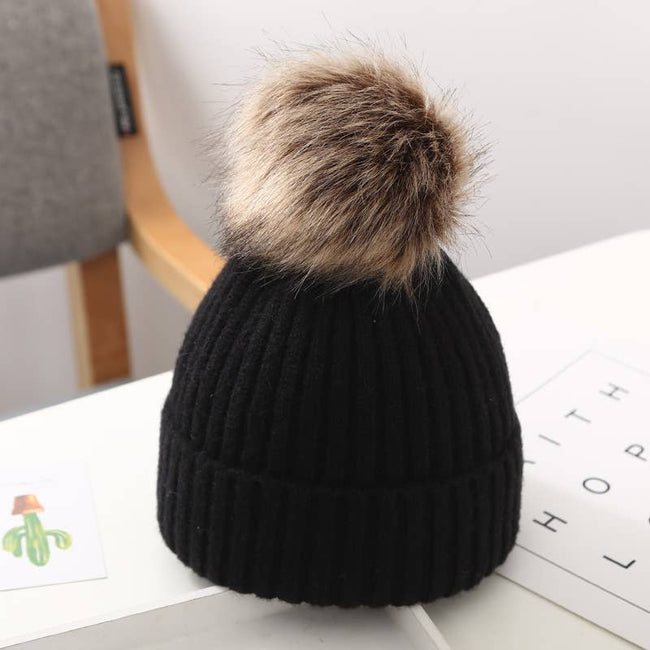 Baby/ Toddler Beanie with Fur Pom Pom- Black