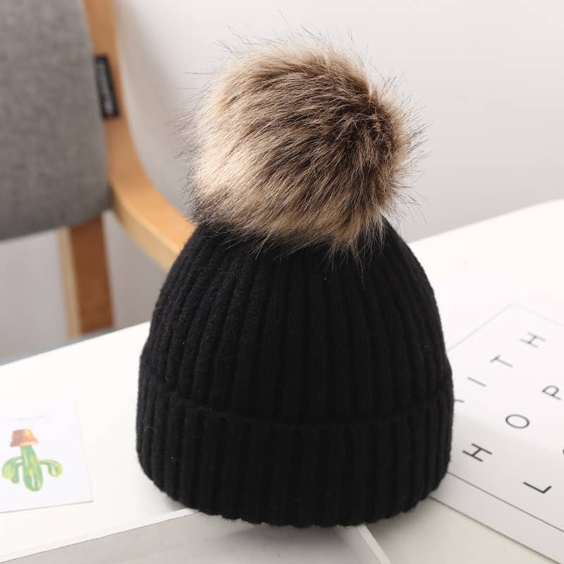 Baby/ Toddler Beanie with Fur Pom Pom- Black